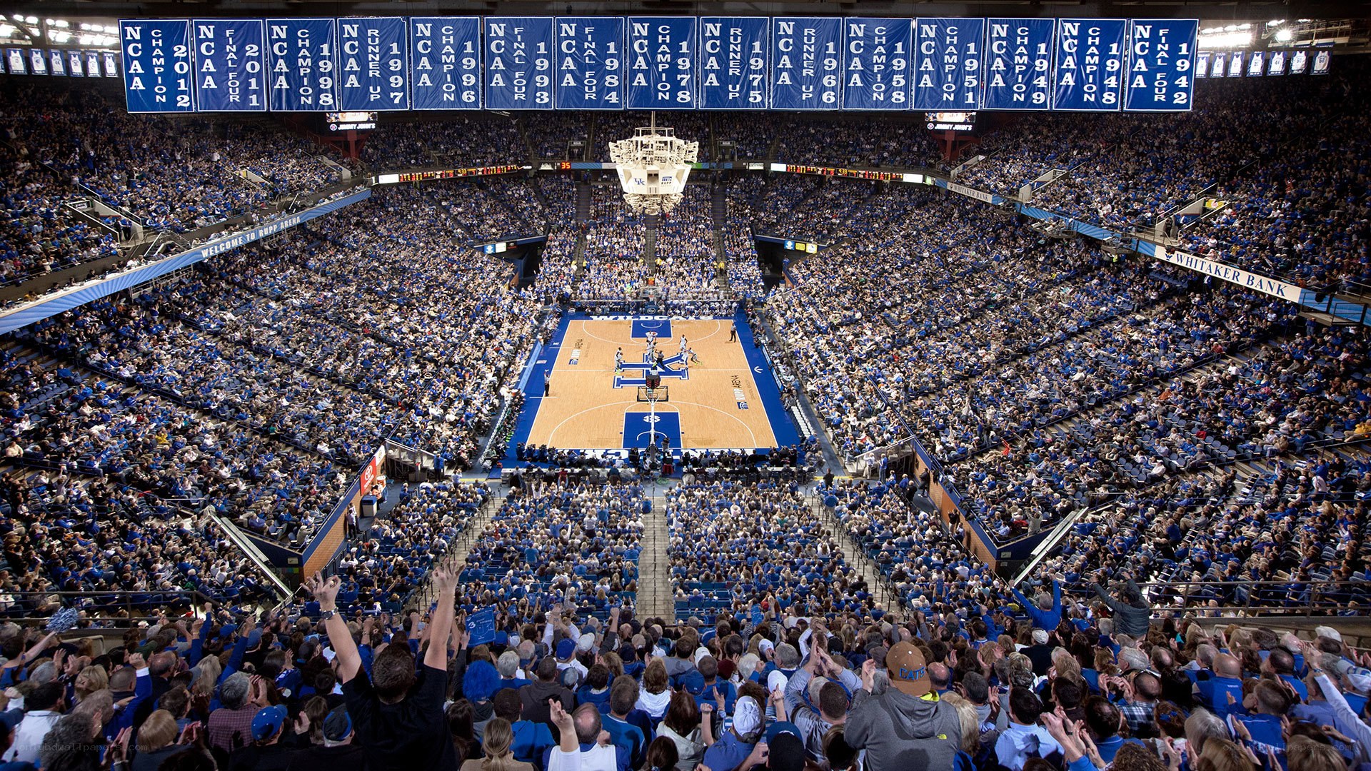 Basketball game at a packed arena