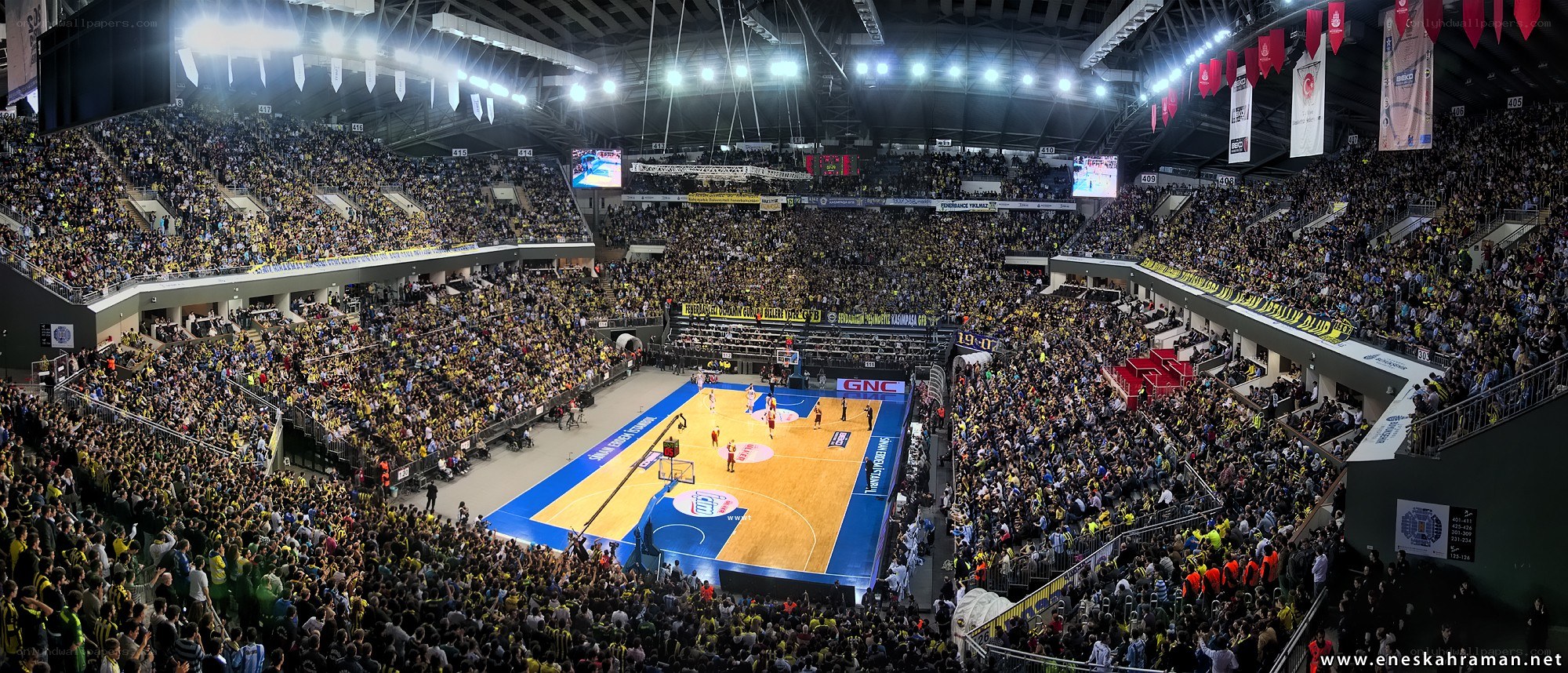 Basketball game in packed arena