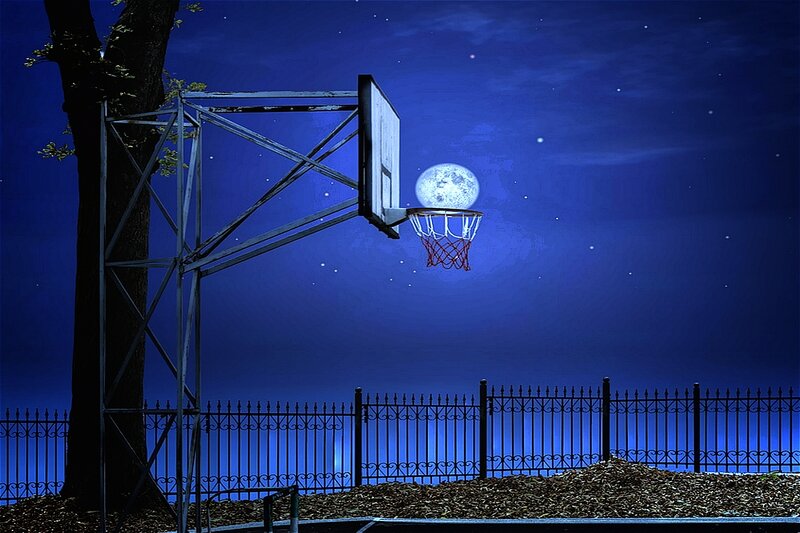 Basketball Hoop at Night — Blue