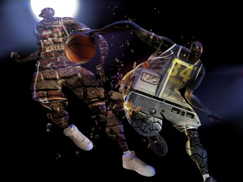 Basketball player collision artwork