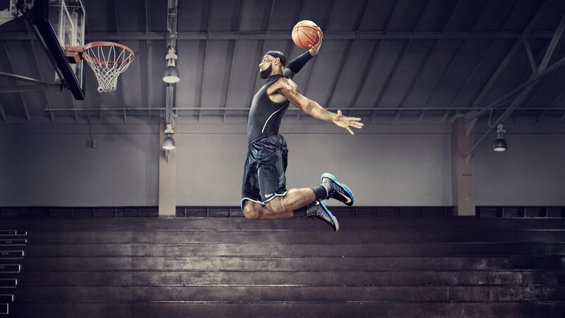 Basketball Player Dunking — Black, Dramatic, Photograph, Basketball Hoop, Sneakers, White