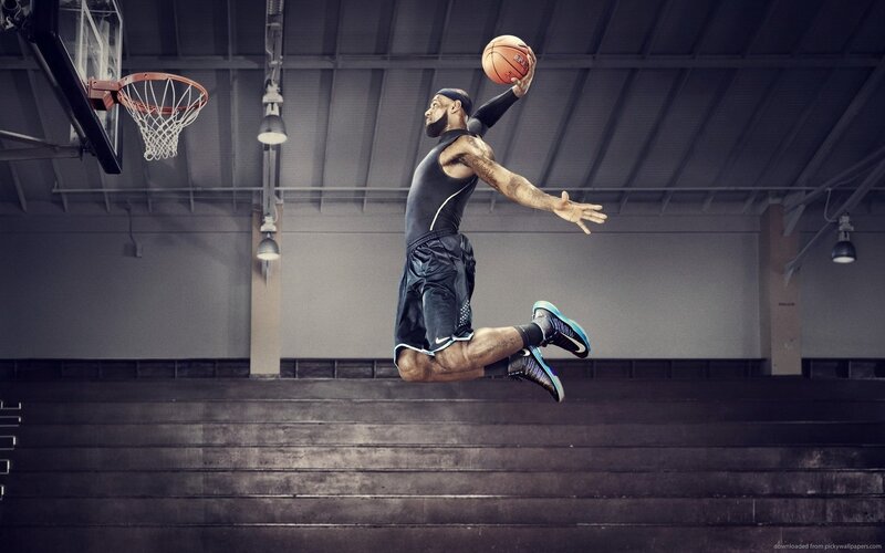 Basketball Player Dunking — Black, Dramatic, Photograph, Basketball Hoop, Stadium