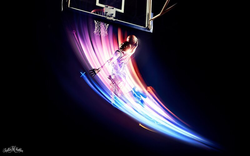 Basketball Player Dunking — Blue, Dramatic, Night, Digital Art