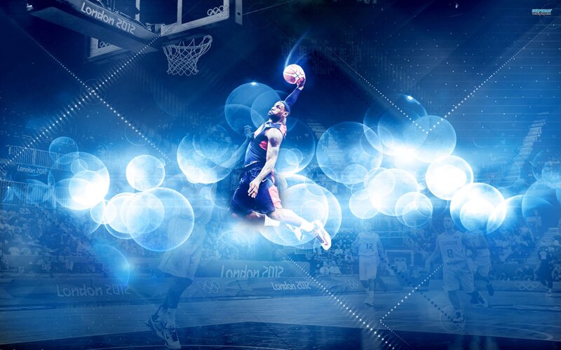 Basketball Player Dunking — Blue, Dynamic, Digital Art, Hoop, Crowd