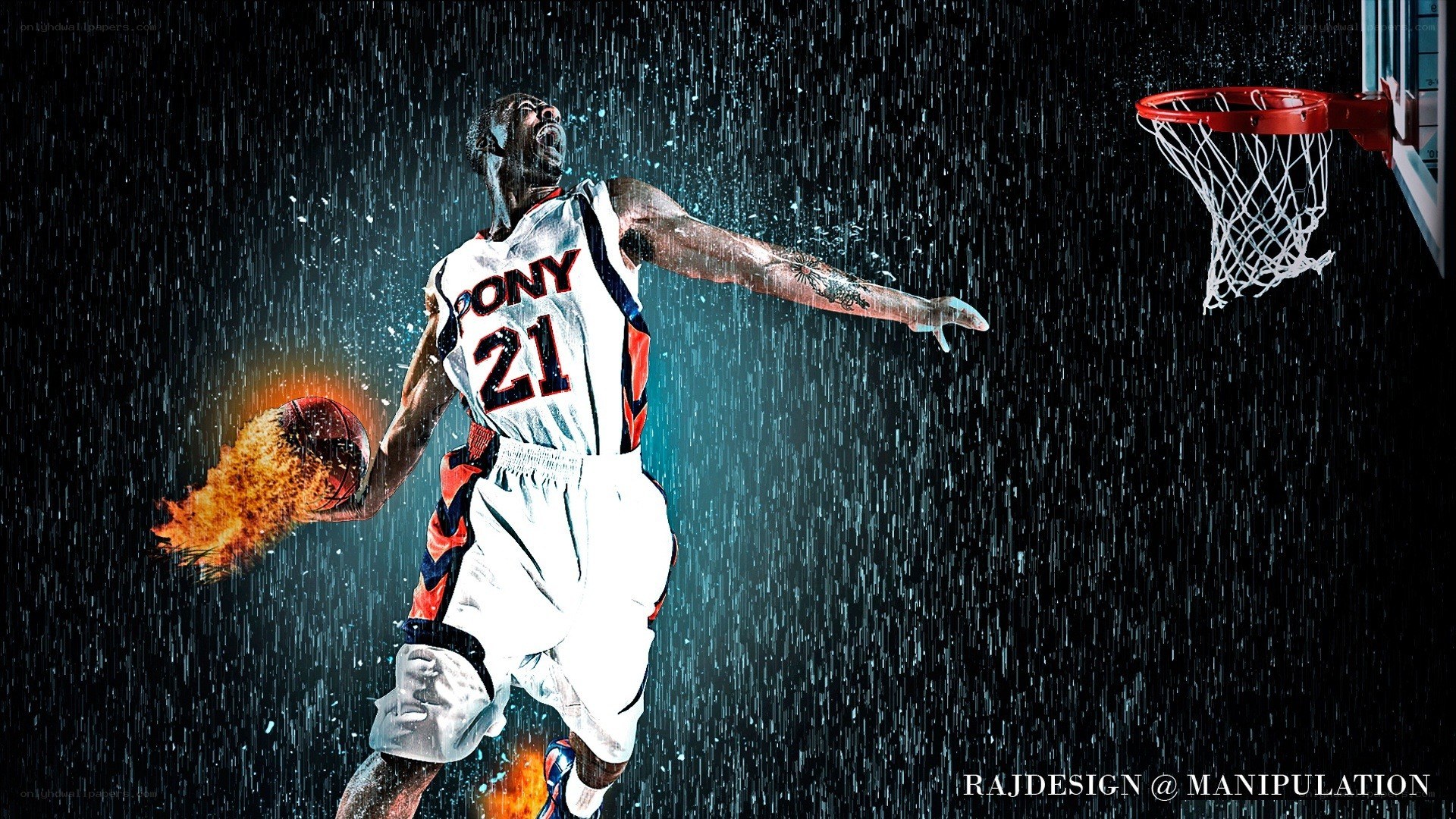 Basketball player dunking in rain