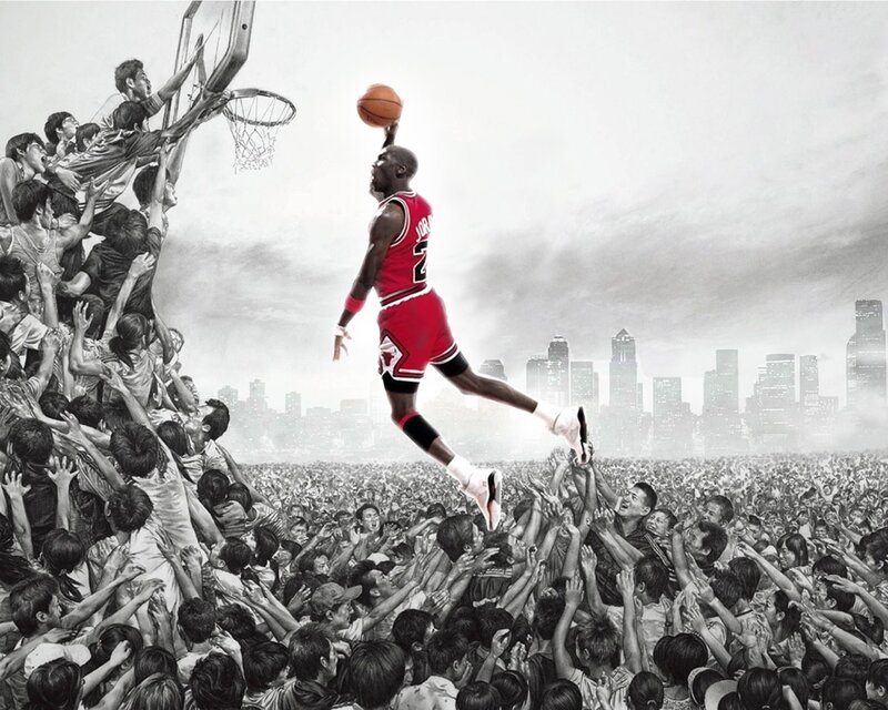 Basketball Player Dunking — Red, Dramatic, Illustration, Crowd, Basketball Hoop, City Skyline