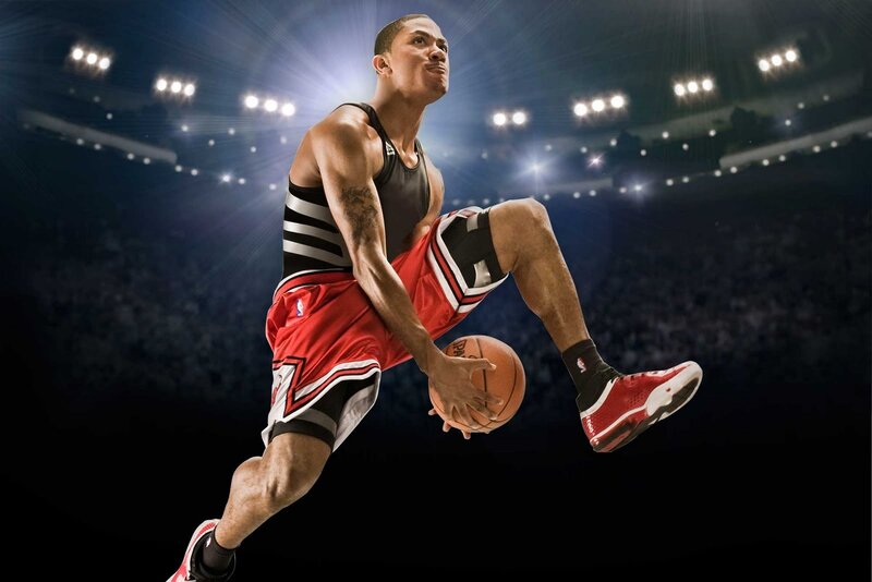 Basketball Player in Mid-air — Red, Dramatic