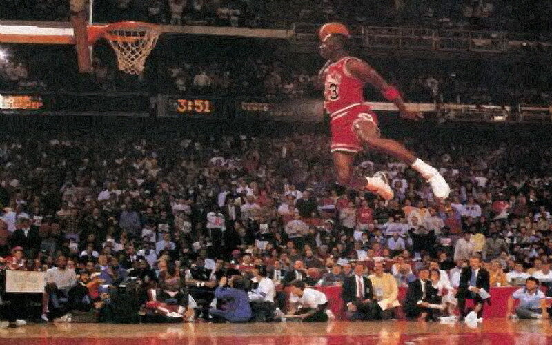 Basketball Player in Mid-air — Red, Dynamic, Night, Photograph, Crowd