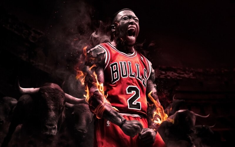 Basketball Player in Red Jersey — Dramatic, Digital Art, Bulls, Fire