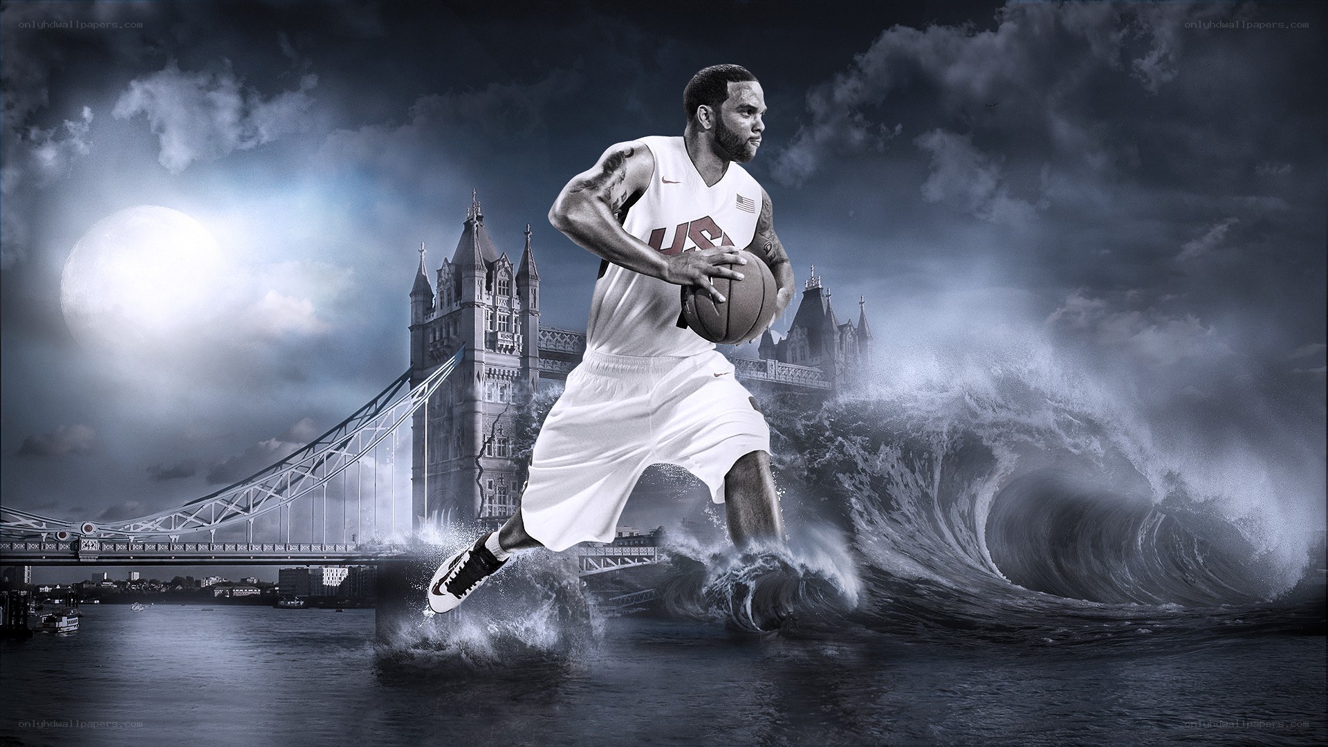 Basketball player in stormy scene