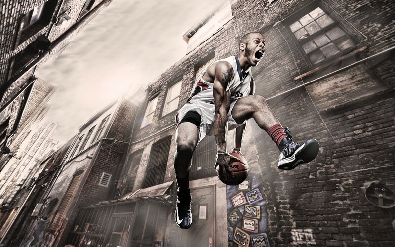 Basketball Player Jumping — Black, Dramatic, Photograph, Brick Building