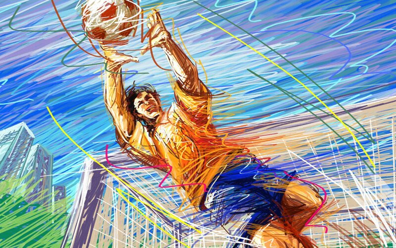 Basketball Player Shooting — Blue, Dynamic, Digital Art