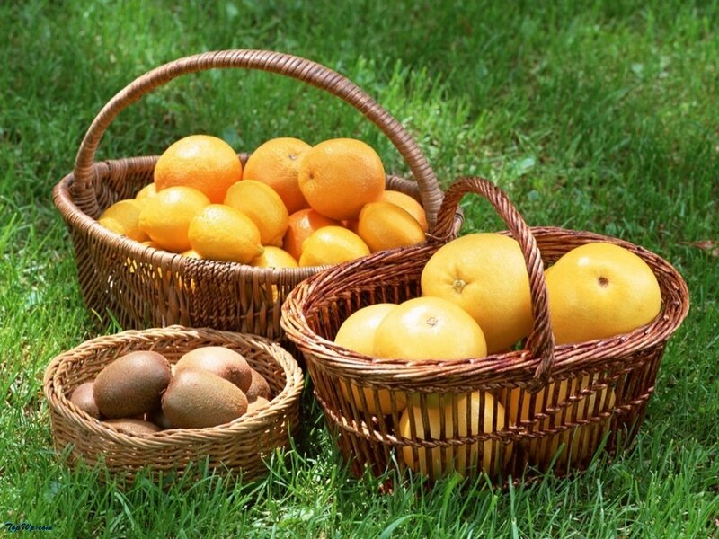 Baskets of Fruit on Grass