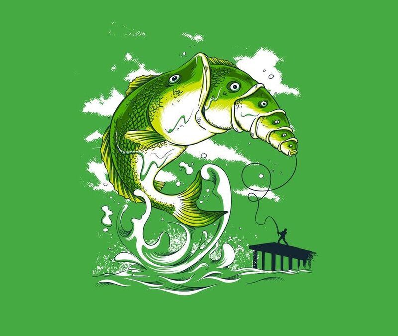 Bass fish jumping on fishing line