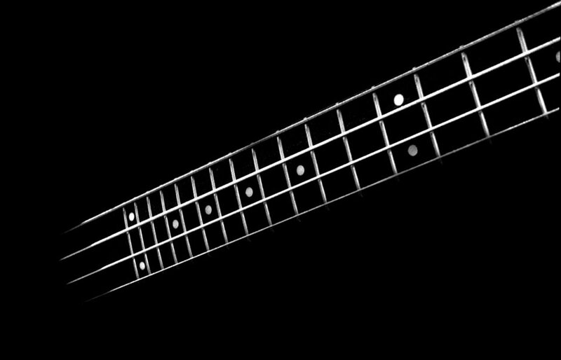 Bass guitar fretboard close-up