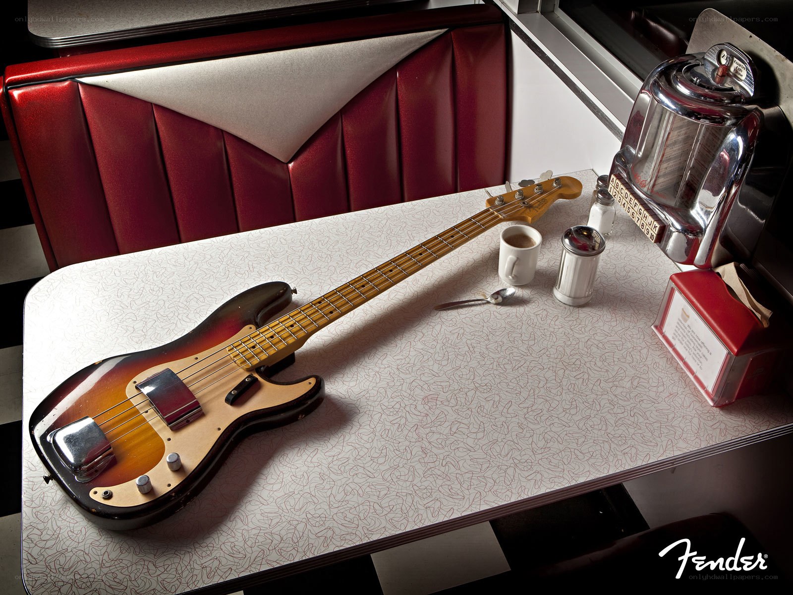 Bass guitar in a diner