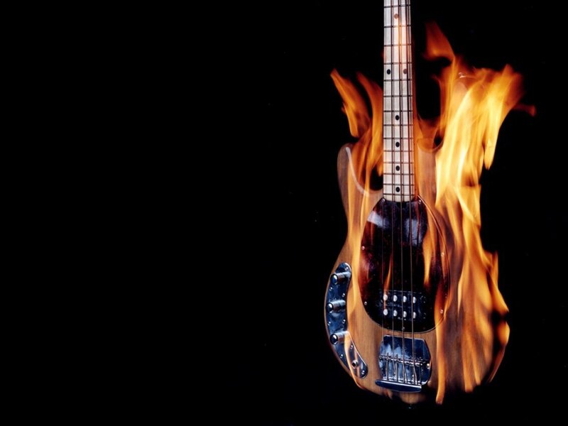 Bass guitar on fire