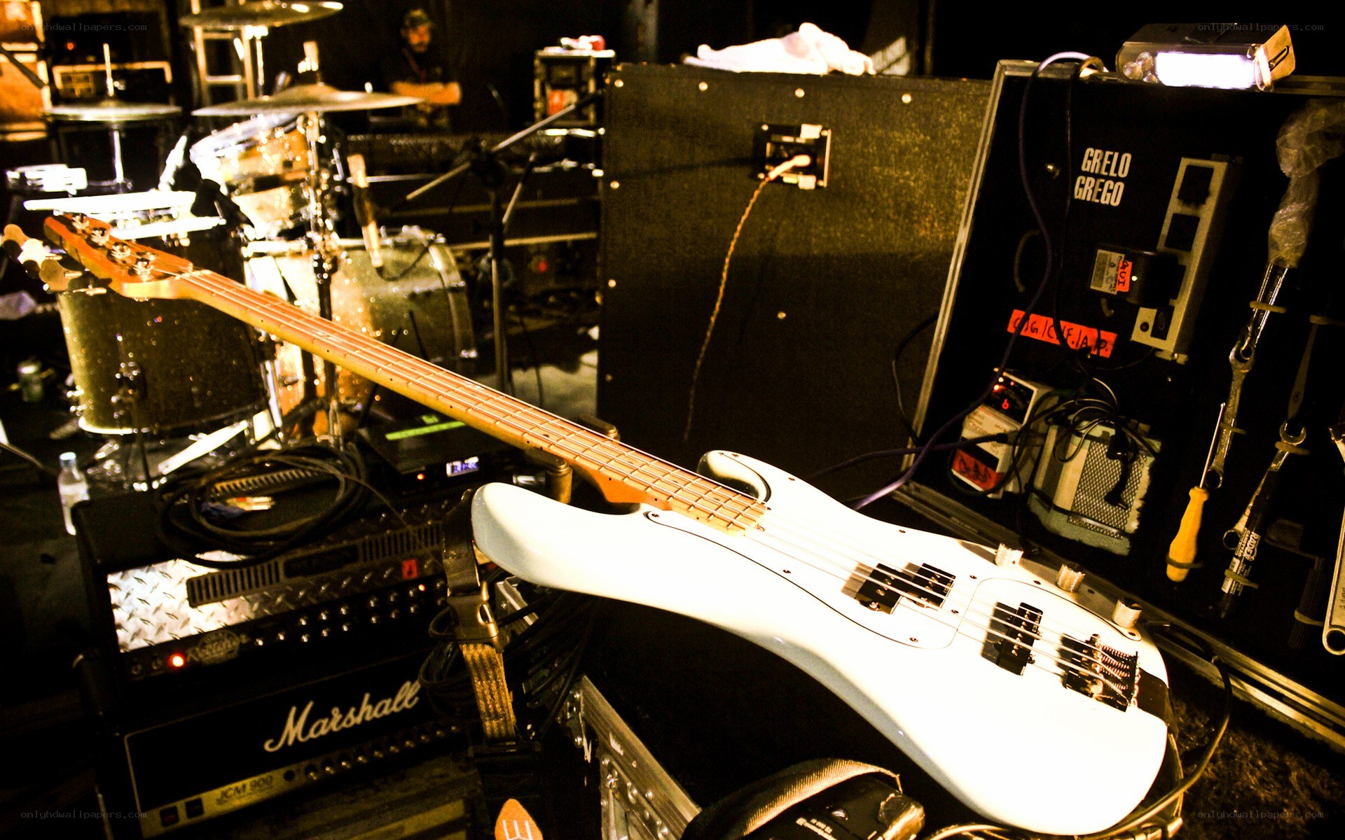 Bass guitar on stage setup