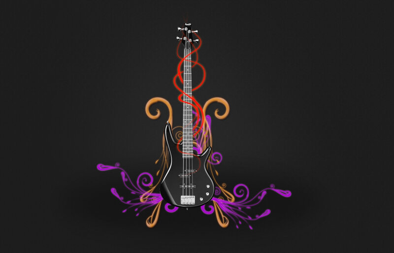 Bass guitar with decorative swirls