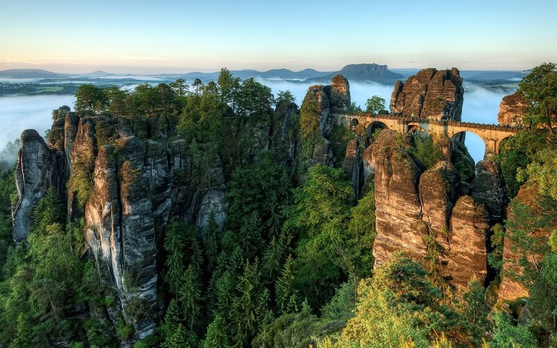 Bastei Bridge and Rock Formations — Green, Serene, Morning