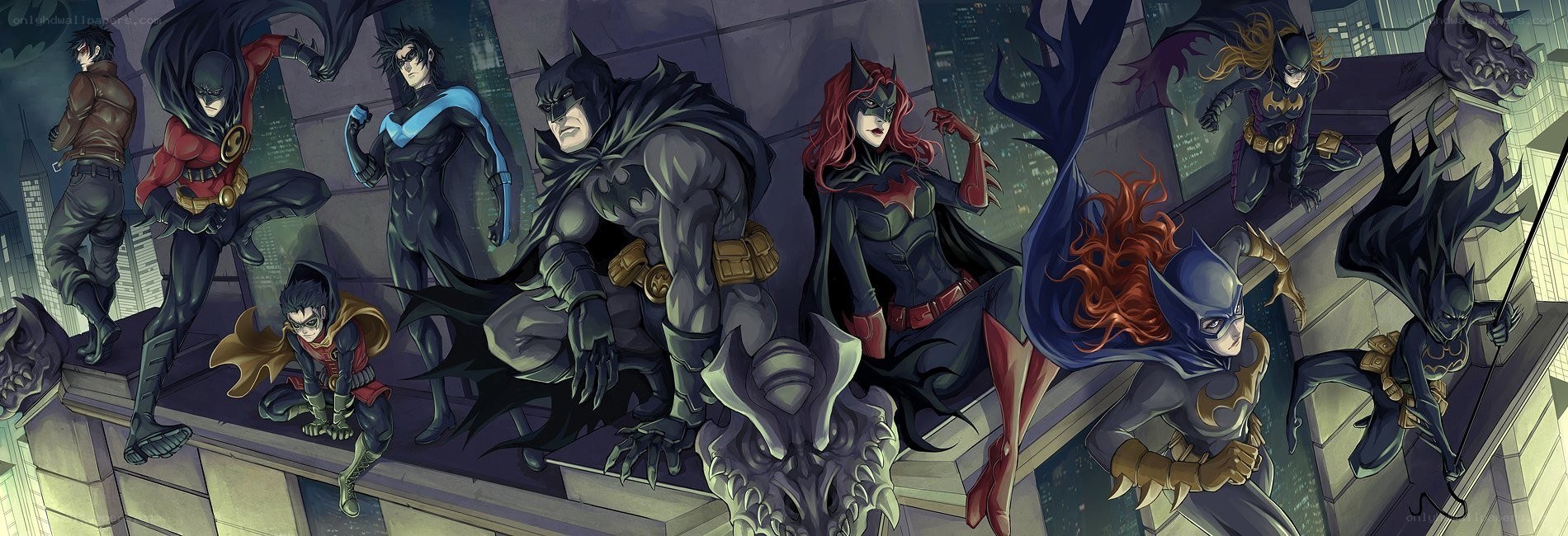 Bat-family heroes on a rooftop
