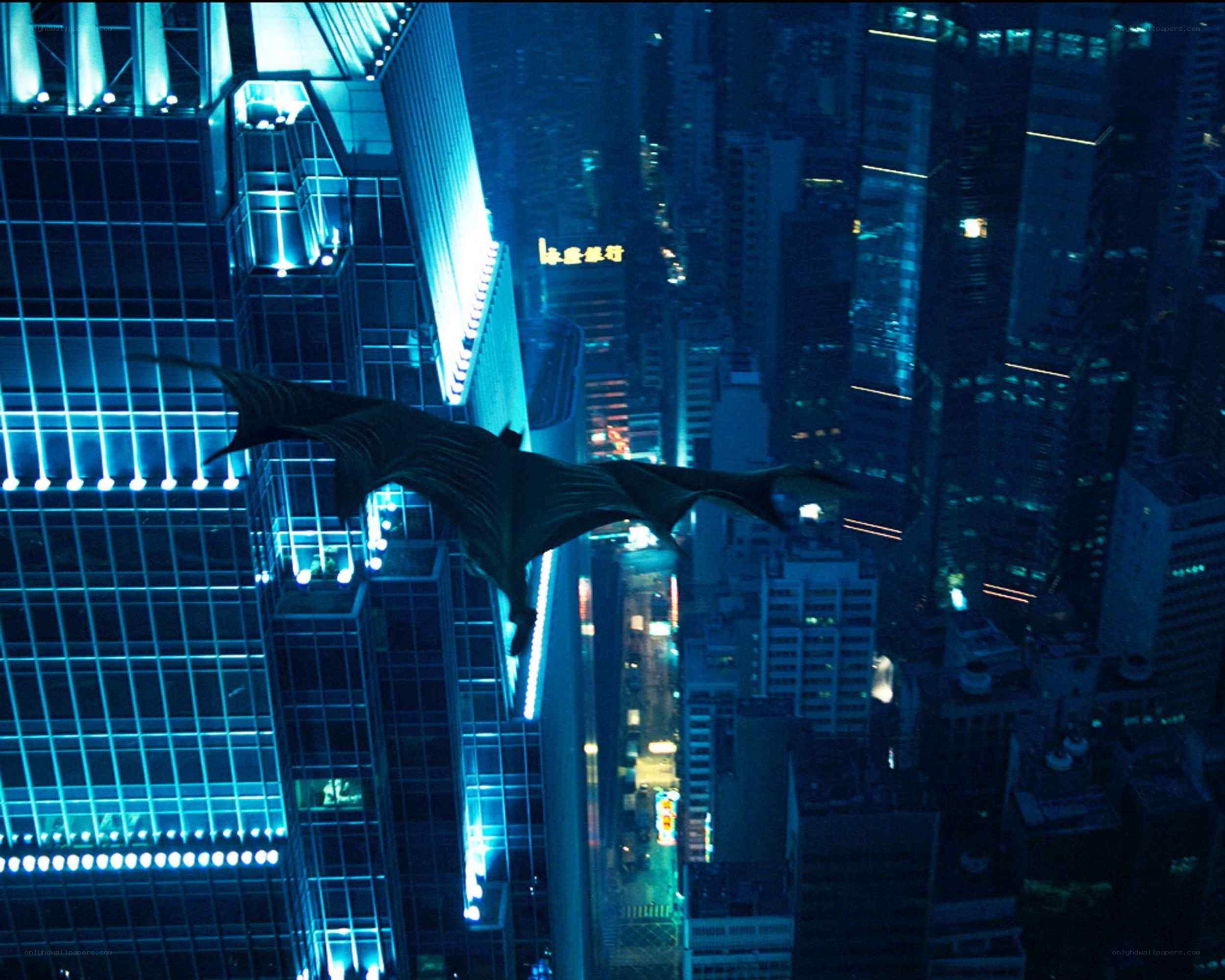 Bat gliding over city at night