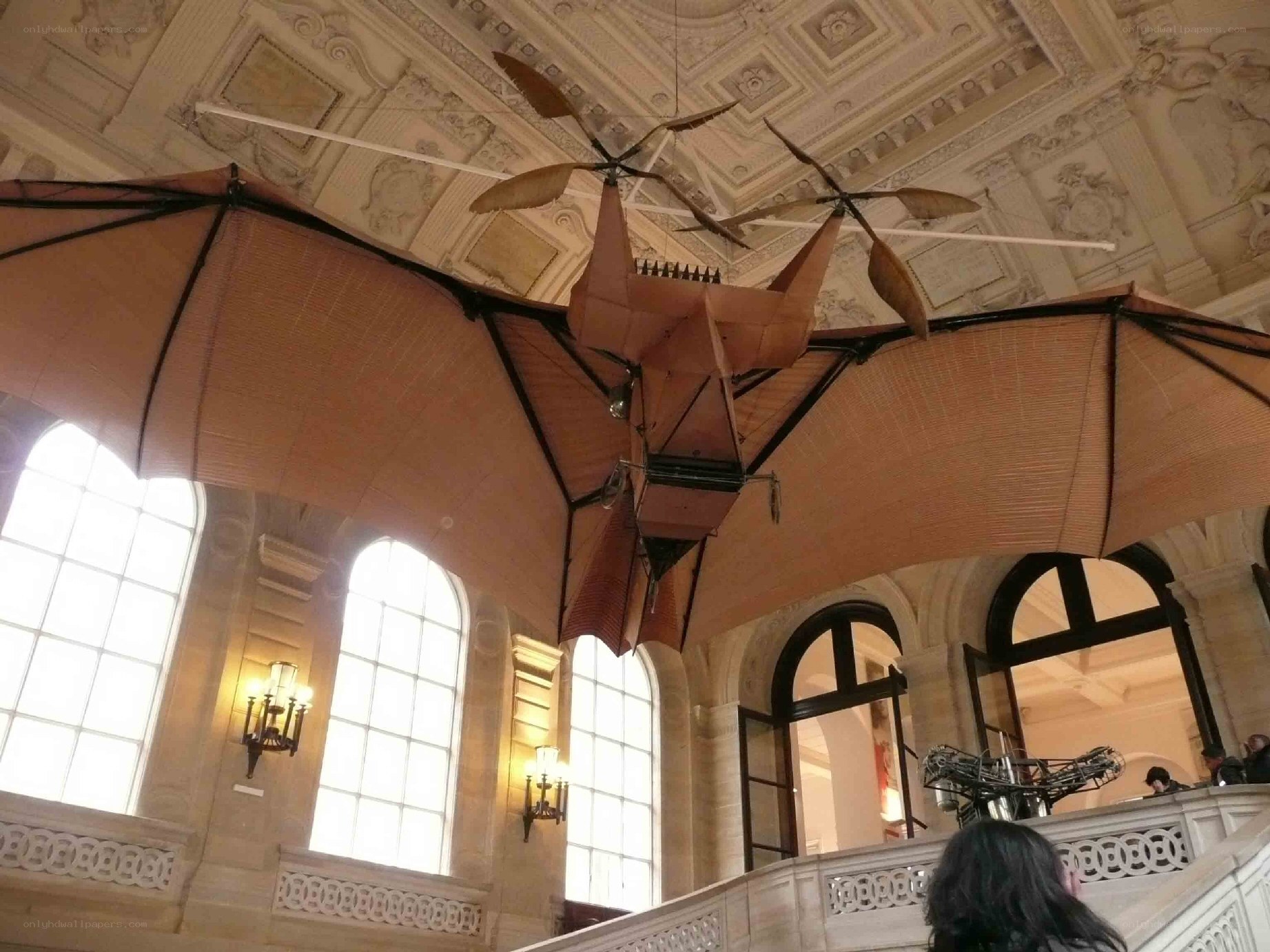Bat-like aircraft in grand hall
