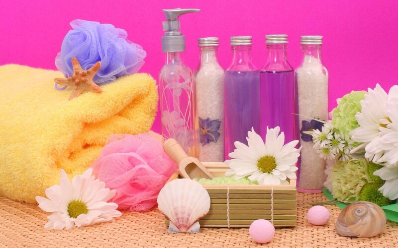 Bath Products and Flowers — Pink, Calm, Photograph, Towel, Shell, Flower
