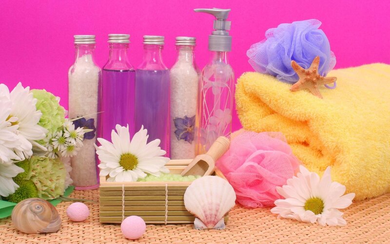 Bath Products and Flowers — Pink, Calm, Photograph, Towel