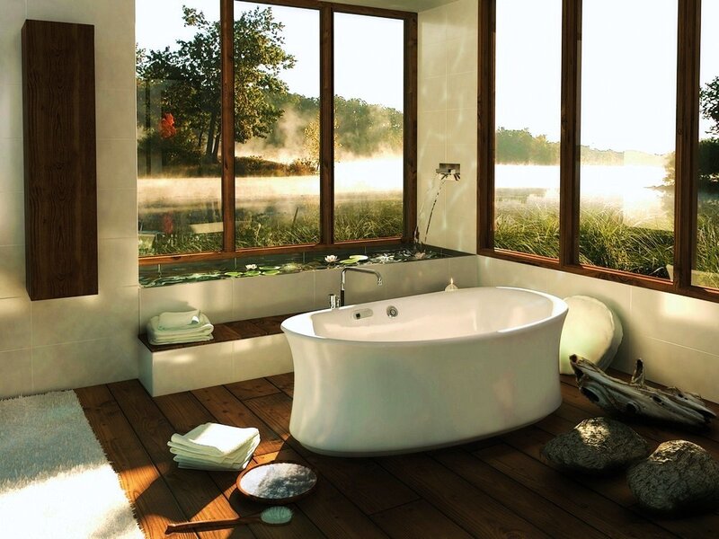 Bathroom with bathtub and lake view