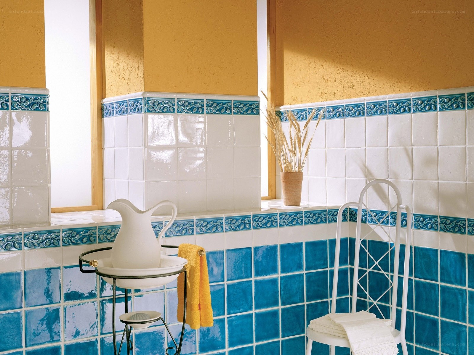 bathroom with blue and white tiles