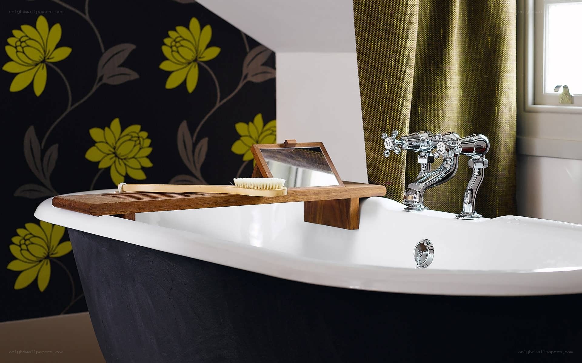 bathroom with floral wallpaper