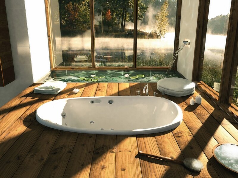Bathroom with wooden floor and bathtub