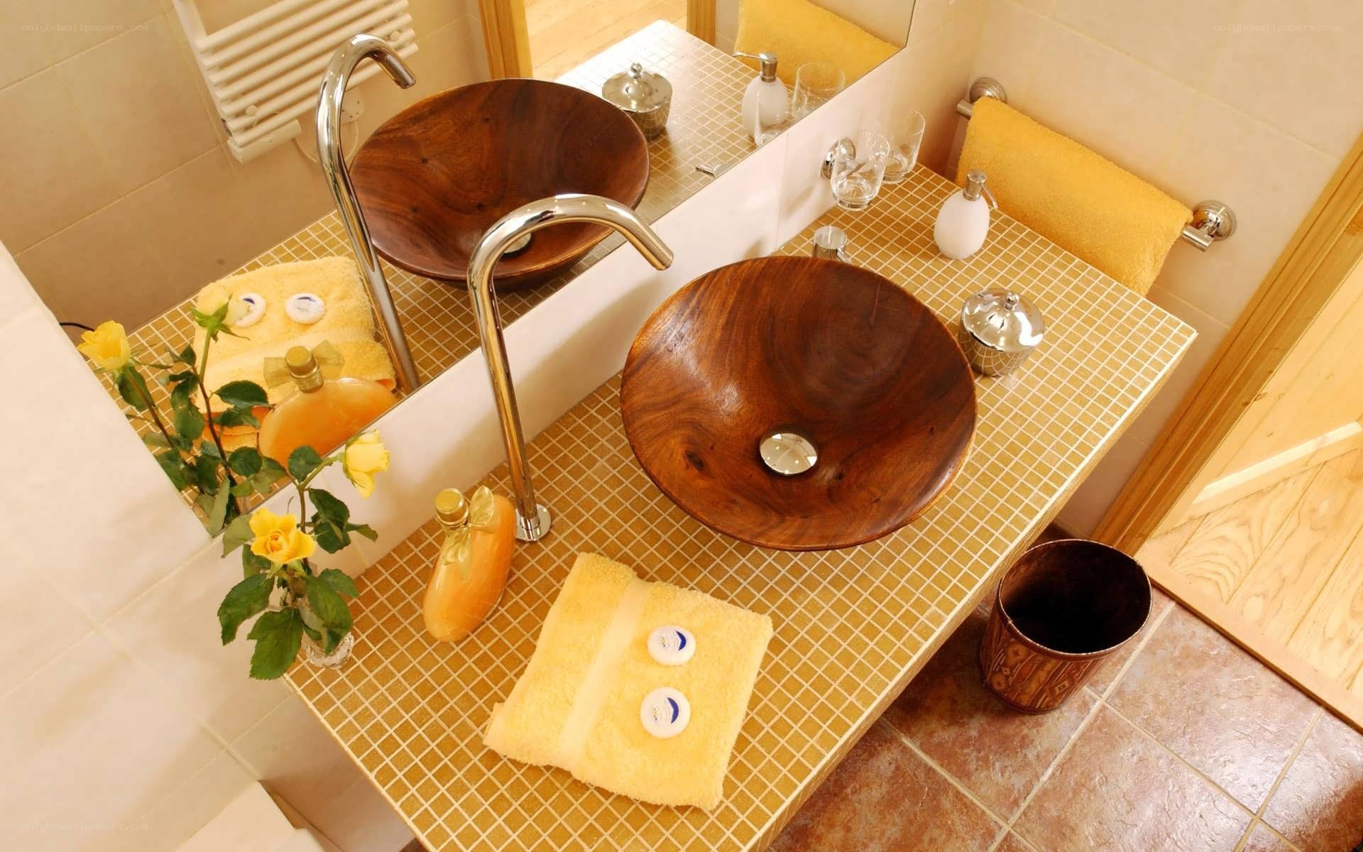 Bathroom with wooden sinks