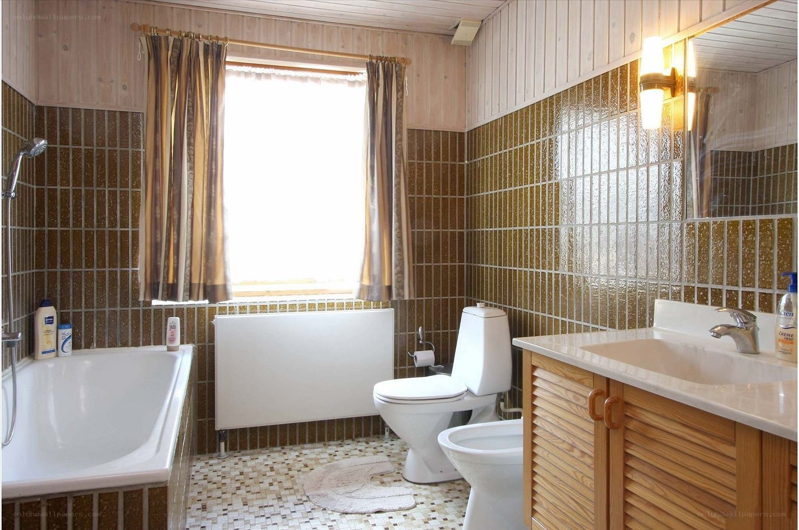 bathroom with wooden walls
