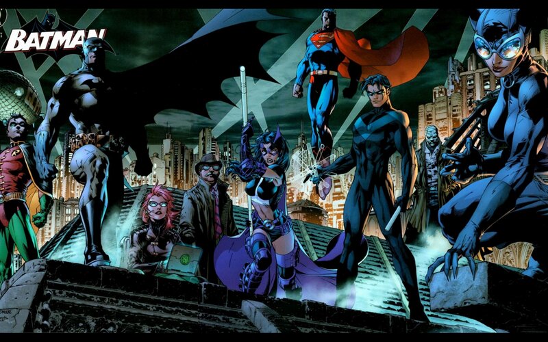 Batman and allies on rooftop