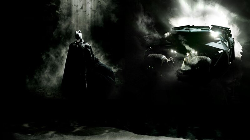 Batman and Batmobile — Black, Dramatic, Night, Digital Art, Bat Symbol