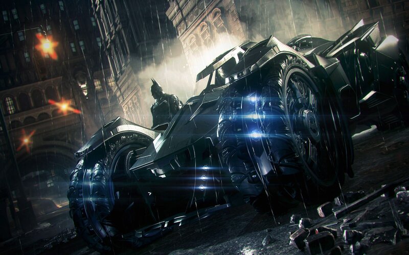 Batman and Batmobile — Black, Dramatic, Night, Digital Art, Rain, City