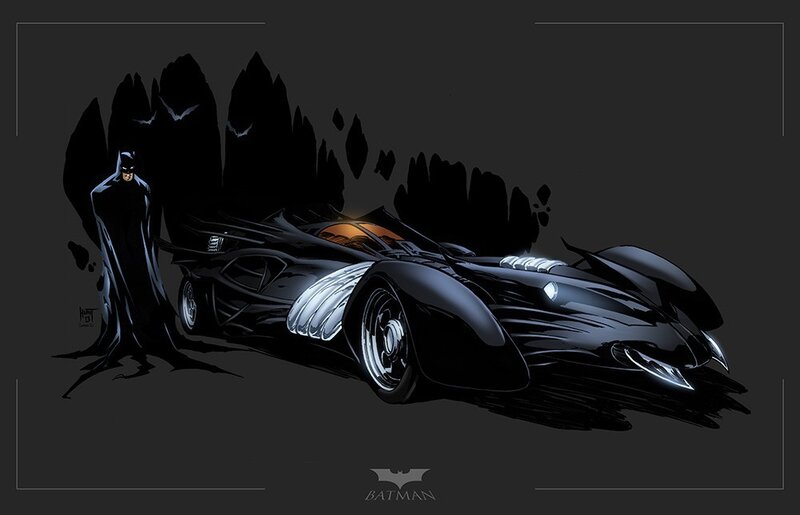 Batman and Batmobile — Black, Dramatic, Night, Illustration