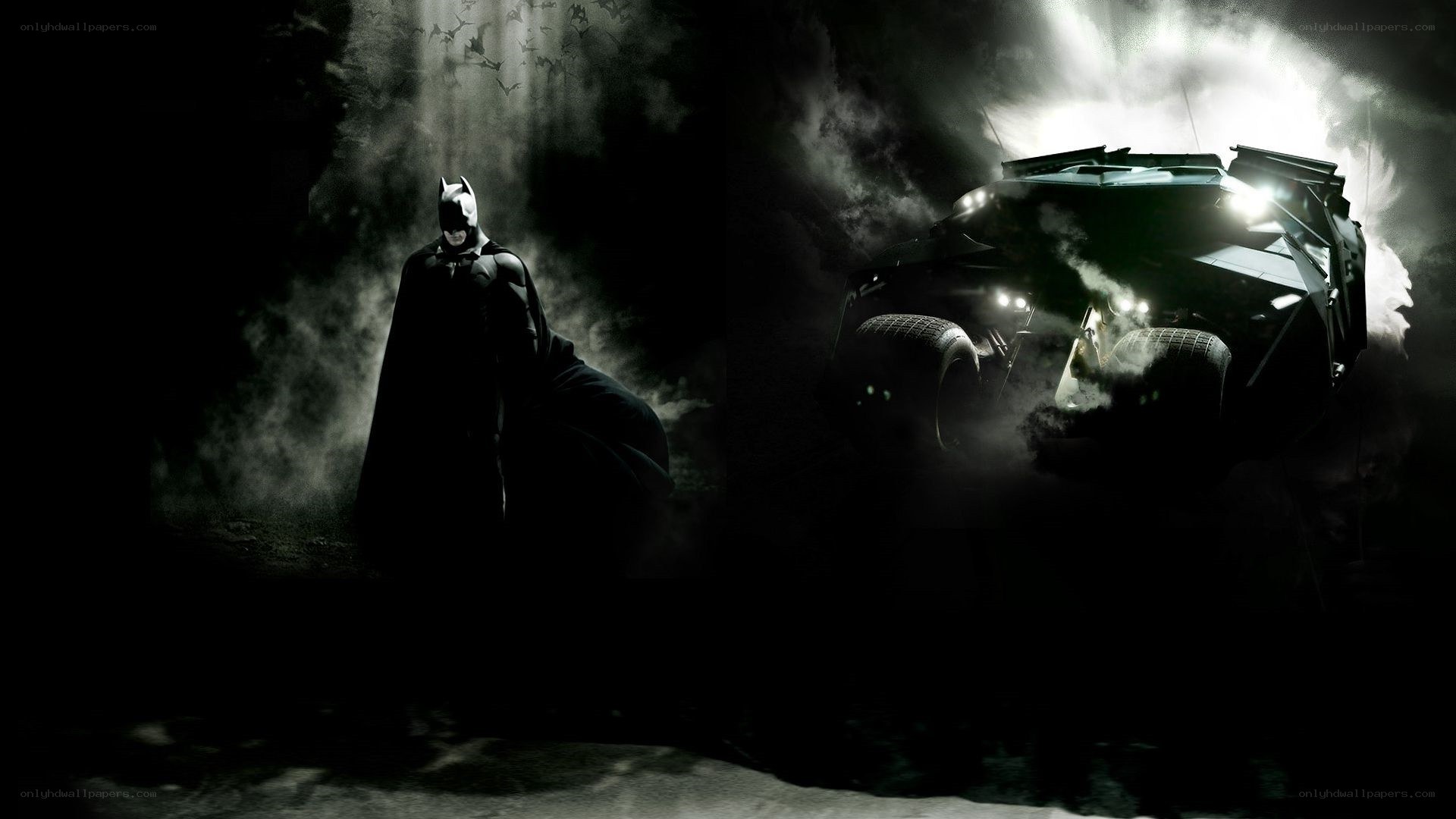 Batman and Batmobile in dark mist