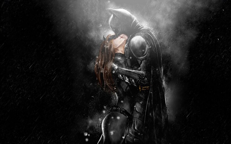 Batman and Catwoman in the rain