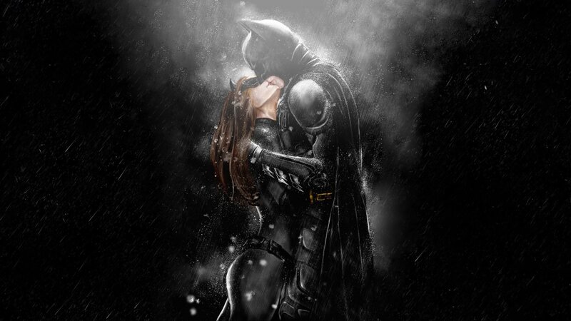 Batman and Catwoman in the rain