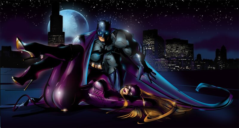 Batman and Catwoman on rooftop