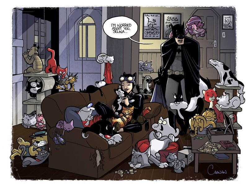 Batman and Catwoman with cats