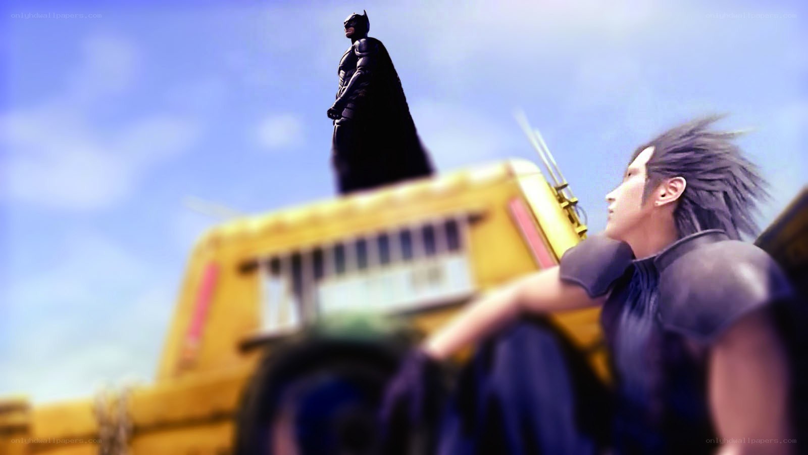 Batman and Cloud on a vehicle