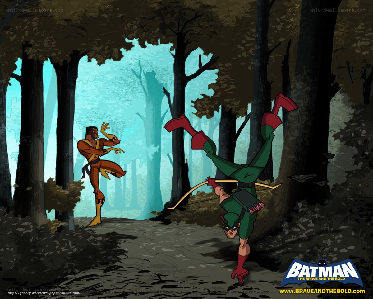 Batman and Green Arrow in forest