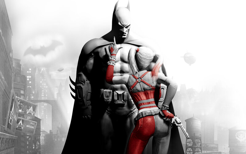 Batman and Harley Quinn — Black, Dramatic, Night, Digital Art, Cityscape, Gun