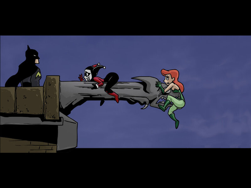Batman and Harley Quinn on a bridge