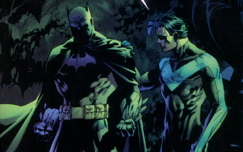 Batman and Robin in a dark forest