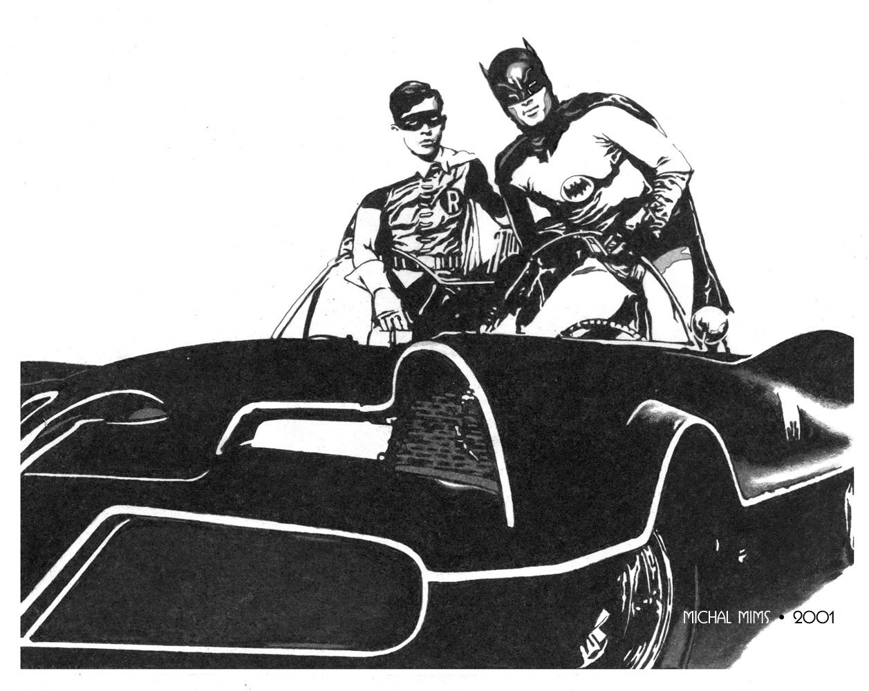 Batman and Robin in the Batmobile